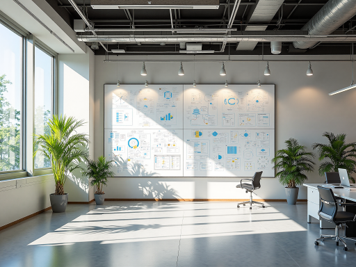 现代化办公环境，宽敞明亮的会议室，员工正在讨论项目方案，蓝色背景墙，自然光线充足